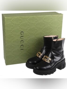 GUCCI BLACK LEATHER INTERLOCKING G CRYSTALS BOOTS SHOES 37 W/BOX